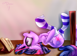 Size: 3000x2200 | Tagged: safe, artist:ferasor, twilight sparkle, alicorn, pony, g4, book, chest fluff, clothes, dressing, female, high res, mare, on back, reading, socks, solo, striped socks, twilight sparkle (alicorn)