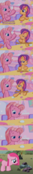 Size: 480x2497 | Tagged: safe, edit, screencap, pinkie pie, pinkie pie (g3), scootaloo (g3), g3, g3.5, g4, the cutie mark chronicles, twinkle wish adventure, filly pinkie pie, hilarious in hindsight, image macro, impact font, meme, pink text, pinkamena diane pie, rock, rock farm, stuffy stuff