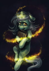 Size: 1681x2427 | Tagged: safe, artist:amishy, lyra heartstrings, pony, unicorn, g4, book, dark, dark background, female, floppy ears, glowing horn, hand, holding, horn, levitation, looking at you, magic, solo