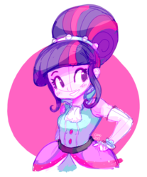 Size: 1280x1549 | Tagged: safe, artist:sharmie, sci-twi, twilight sparkle, equestria daily, equestria girls, friendship through the ages, g4, abstract background, clothes, dress, female, hand on hip, simple background, smiling, solo