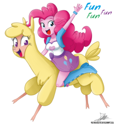 Size: 1102x1199 | Tagged: safe, artist:the-butch-x, paprika (tfh), pinkie pie, alpaca, them's fightin' herds, equestria girls, g4, community related, crossover, cute, diapinkes, duo, female, fun fun fun, riding, signature, simple background, transparent background