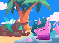 Size: 1280x934 | Tagged: safe, artist:sharmie, oc, oc only, changeling, sea pony, cloud, duo, fangs, frown, island, open mouth, palm tree, smiling, tree