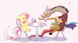 Size: 721x400 | Tagged: safe, artist:youhoujou, angel bunny, discord, fluttershy, bird, blue jay, draconequus, mouse, pegasus, pony, g4, blushing, coffee, cup, cute, discute, ears back, eyes closed, female, food, male, mare, missing cutie mark, pink background, simple background, tea party, teacup