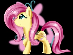 Size: 1024x768 | Tagged: safe, artist:scarlett-letter, fluttershy, butterfly, g4, black background, cute, cutie mark, female, happy, raised hoof, simple background, smiling, solo