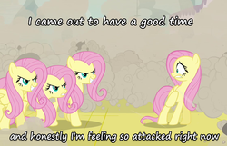 Size: 700x450 | Tagged: safe, screencap, fluttershy, changeling, a canterlot wedding, g4, angry, image macro, meme, scared, smiling