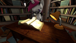 Size: 1024x576 | Tagged: safe, artist:fiopon, oc, oc only, pony, unicorn, 3d, book, bookshelf, glasses, lamp, library, pencil, source filmmaker, studying