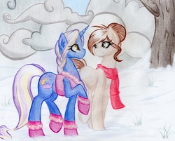 Size: 5909x4750 | Tagged: safe, artist:emberslament, oc, oc only, earth pony, pony, unicorn, absurd resolution, boots, clothes, cloud, scarf, snow, traditional art, tree, vest, winter