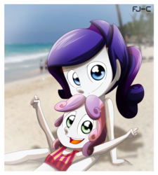 Size: 900x1000 | Tagged: safe, artist:fj-c, rarity, sweetie belle, human, equestria girls, g4, armpits, beach, bikini, clothes, humanized, memories, swimsuit