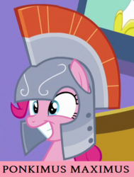 Size: 400x528 | Tagged: safe, screencap, pinkie pie, earth pony, pony, g4, my little pony: friendship is magic, the one where pinkie pie knows, armor, cropped, cute, diapinkes, female, grin, helmet, keksimus maximus, mare, meme, ponk, smiling, solo, squee, text