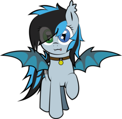 Size: 2387x2324 | Tagged: safe, artist:bladewing, oc, oc only, oc:neomi, bat pony, pony, collar, ear fluff, fangs, heterochromia, high res, looking at you, pet tag, solo, tongue out