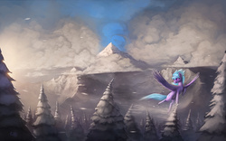 Size: 1920x1200 | Tagged: safe, artist:rain-gear, cloudchaser, pegasus, pony, g4, cloud, female, flying, forest, mountain, scenery, scenery porn, snow, solo, tree, wallpaper, winter