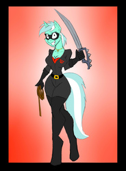 Size: 2100x2855 | Tagged: safe, artist:vladiverse, lyra heartstrings, unicorn, anthro, unguligrade anthro, g4, antagonist, clothes, female, gradient background, high res, mare, robe, skinsuit, solo, suit, sword, weapon