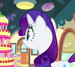Size: 608x540 | Tagged: safe, screencap, rarity, pony, g4, mmmystery on the friendship express, animated, cake, female, floppy ears, food, rarity looking at food, scrunchy face