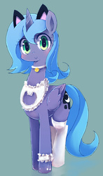 Size: 900x1530 | Tagged: safe, artist:kolshica, princess luna, alicorn, pony, g4, bell, bell collar, blushing, bra, bra on pony, cat bell, cat ears, cat keyhole bra set, cat lingerie, choker, clothes, collar, cute, female, lingerie, looking at you, lunabetes, mare, s1 luna, smiling, socks, solo, thigh highs, underwear