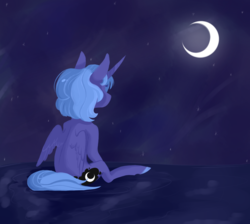 Size: 1280x1147 | Tagged: safe, artist:jellybeanbullet, princess luna, g4, blue, crescent moon, female, moon, night, s1 luna, sitting, solo, stars, younger