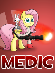 Size: 3000x4000 | Tagged: safe, artist:10art1, angel bunny, fluttershy, pegasus, pony, g4, archimedes, blood, clothes, crossover, female, fluttermedic, mare, medic, medic (tf2), medigun, solo, team fortress 2