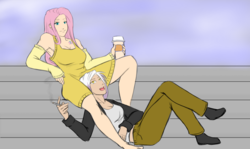 Size: 1280x763 | Tagged: safe, artist:eve-ashgrove, fluttershy, gilda, human, g4, alternative cutie mark placement, armpits, barefoot, boobie mark, cigarette, cleavage, cuddling, detached sleeves, feet, female, gildashy, happy, humanized, lesbian, on back, open mouth, shipping, sitting, smiling, smoking, snuggling, sweater dress