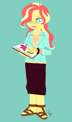 Size: 880x1500 | Tagged: safe, artist:magneticskye, sunset shimmer, human, equestria girls, g4, book, clothes, female, flower, lineless, open mouth, sandals, simple background, solo, teeth