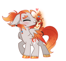 Size: 3395x3141 | Tagged: safe, artist:wicklesmack, oc, oc only, oc:flicker, oc:tallow, bird, pegasus, pony, blushing, colored hooves, eyes closed, happy, heart, high res, nuzzling, simple background, transparent background, unshorn fetlocks, vector