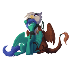 Size: 1611x1464 | Tagged: safe, artist:miss-cats, oc, oc only, oc:charlene, oc:swiftnote, griffon, pegasus, pony, cute