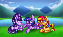 Size: 1280x768 | Tagged: safe, artist:pinipy, starlight glimmer, sunset shimmer, twilight sparkle, alicorn, pony, unicorn, equestria girls, g4, derp, female, mare, mountain, pond, trio, twilight sparkle (alicorn)