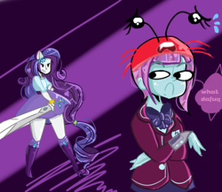 Size: 500x434 | Tagged: safe, artist:pandanx12, rarity, sunny flare, ask the shadowbolts, equestria girls, g4, my little pony equestria girls: friendship games, clothes, crystal prep academy uniform, hat, implied rarity fighting a giant crab, ponied up, school uniform, skirt, sword, this will end in crab battle, weapon