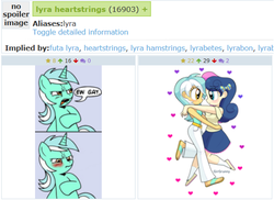 Size: 617x450 | Tagged: safe, artist:girgrunny, bon bon, lyra heartstrings, sweetie drops, human, derpibooru, g4, adorabon, blatant lies, blushing, clothes, comic, cute, denial, dialogue, ew gay, exploitable meme, eye contact, female, frown, glare, heart, hilarious in hindsight, humanized, in denial, juxtaposition, juxtaposition win, lesbian, looking at each other, looking down, lyrabetes, meme, meta, open mouth, sandals, ship:lyrabon, shipping, simple background, skirt, smiling, speech bubble, tags, tsundere