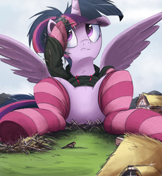 Size: 2500x2714 | Tagged: safe, artist:ncmares, twilight sparkle, alicorn, pony, g4, big-pon, butt, clothes, cute, destruction, dirty, featureless crotch, female, floppy ears, frown, giant pony, giantess, high res, hoodie, macro, mare, ncmares is trying to murder us, on back, plot, sitting, socks, solo, spread wings, striped socks, twilight sparkle (alicorn)