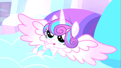 Size: 1366x768 | Tagged: safe, screencap, princess flurry heart, g4, season 6, cute, female, flurrybetes, horn, impossibly large horn, impossibly large wings, looking up, on back, open mouth, smiling, solo, spread wings, weapons-grade cute