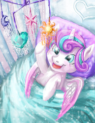 Size: 1024x1325 | Tagged: safe, artist:dangerblaze, princess flurry heart, pony, g4, season 6, baby, baby pony, bed, blanket, crib, crib mobile, cute, female, flurrybetes, on back, open mouth, reaching, smiling, solo