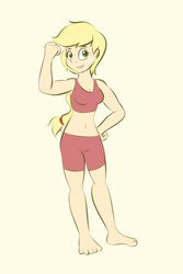 Size: 600x900 | Tagged: safe, artist:samofbob, applejack, human, g4, barefoot, belly button, blonde, clothes, feet, female, hatless, humanized, midriff, missing accessory, solo, tank top