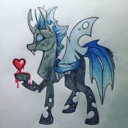 Size: 500x500 | Tagged: safe, artist:galaxxypaw, oc, oc only, changeling, blue changeling, heart, male, solo, traditional art