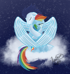 Size: 1024x1088 | Tagged: dead source, safe, artist:northlights8, rainbow dash, soarin', pony, g4, crying, female, hug, male, ship:soarindash, shipping, straight, winghug