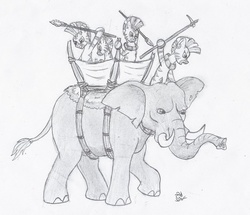 Size: 964x828 | Tagged: safe, artist:sensko, elephant, zebra, africa, african, grayscale, monochrome, pencil drawing, simple background, sketch, solo, spear, traditional art, war elephant, war hammer, weapon, white background