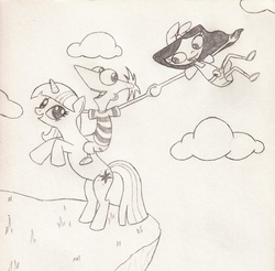 Size: 2412x2375 | Tagged: safe, artist:catula, twilight sparkle, human, pony, unicorn, g4, crossover, female, isabella garcia shapiro, male, mare, monochrome, phineas and ferb, phineas flynn, traditional art