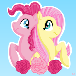 Size: 2448x2448 | Tagged: safe, artist:rileyrainbowleaf, fluttershy, pinkie pie, g4, female, heart, high res, lesbian, looking at each other, raised hoof, rose, ship:flutterpie, shipping, simple background