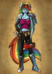 Size: 3507x4960 | Tagged: safe, artist:somnias, rainbow dash, pegasus, anthro, g4, absurd resolution, bandaid, bandaid on nose, belly button, clothes, converse, dirty, female, mechanic, shoes, smiling, solo, tongue out, tool, toolbelt, toolbox, tools