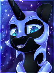 Size: 973x1316 | Tagged: safe, artist:starlyfly, nightmare moon, g4, ethereal mane, fangs, female, grin, moonabetes, portrait, solo, starry mane