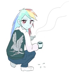 Size: 661x721 | Tagged: safe, artist:nemucure, rainbow dash, equestria girls, g4, cigarette, crouching, female, littering, simple background, smoking, solo