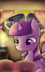 Size: 1050x1680 | Tagged: safe, artist:silverhopexiii, twilight sparkle, alicorn, pony, g4, book, female, lamp, mare, reading, signature, solo, twilight sparkle (alicorn), window