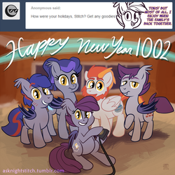 Size: 800x800 | Tagged: safe, artist:1trick, oc, oc only, oc:deep digger, oc:finely filed, oc:night stitch, oc:strong, oc:sturdy, bat pony, pony, ask night stitch, ask, bat wings, family, fangs, happy new year, tumblr