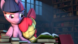 Size: 1920x1080 | Tagged: safe, artist:neondion60, apple bloom, twilight sparkle, alicorn, pony, g4, 3d, adorabloom, book, cute, female, library, mare, sleeping, source filmmaker, twiabetes, twilight sparkle (alicorn)