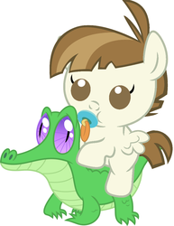 Size: 786x1017 | Tagged: safe, artist:red4567, featherweight, gummy, pony, g4, baby, baby pony, cute, featherbetes, featherweight riding gummy, pacifier, ponies riding gators, recolor, riding, weapons-grade cute