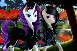 Size: 6800x4500 | Tagged: safe, artist:warfost, octavia melody, rarity, earth pony, pony, unicorn, g4, absurd resolution, alternate hairstyle, beret, clothes, dress, earring, female, flower, hat, lesbian, necklace, piercing, raritavia, shipping