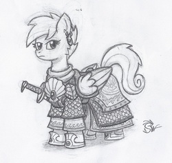 Size: 917x870 | Tagged: safe, artist:sensko, pegasus, pony, armor, black and white, captain, grayscale, monochrome, navy, pencil drawing, solo, sword, traditional art, weapon