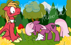 Size: 12000x7648 | Tagged: safe, artist:graymist, big macintosh, cheerilee, earth pony, pony, g4, absurd resolution, allergies, cheeribetes, color, cute, date, female, flower, macabetes, male, romance, ship:cheerimac, shipping, sneezing, stallion, straight, tissue, you tried