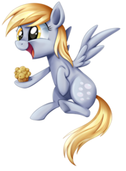 Size: 1024x1394 | Tagged: safe, artist:autumn-dreamscape, derpy hooves, pegasus, pony, g4, cute, derpabetes, female, food, happy, mare, muffin, open mouth, simple background, solo, that pony sure does love muffins