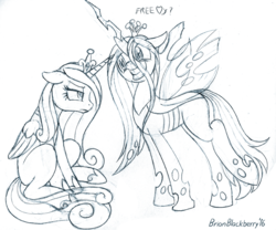 Size: 899x749 | Tagged: safe, artist:brianblackberry, princess cadance, queen chrysalis, alicorn, changeling, changeling queen, pony, g4, female, heart, monochrome