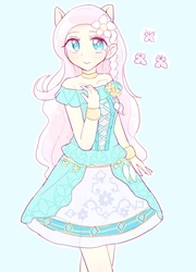 Size: 518x720 | Tagged: safe, artist:nemucure, fluttershy, butterfly, human, equestria girls, g4, blue background, clothes, colored pupils, cute, cutie mark, dress, female, off shoulder, shyabetes, simple background, solo