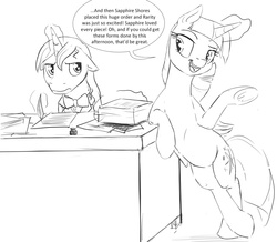 Size: 1200x1046 | Tagged: safe, artist:silfoe, prince blueblood, twilight sparkle, alicorn, pony, royal sketchbook, g4, annoyed, bipedal, bipedal leaning, bored, female, floppy ears, grayscale, leaning, magic, mare, monochrome, office space, paper, paperwork, twilight sparkle (alicorn)